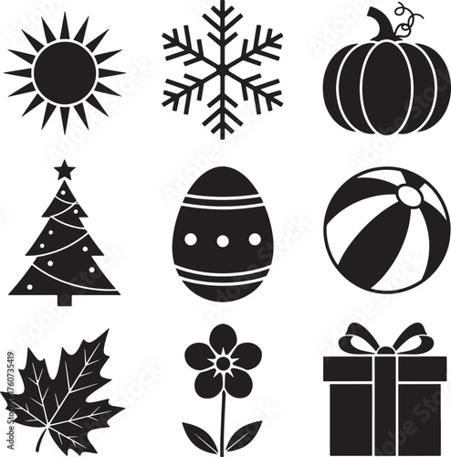 Seasonal and holiday icons set, sun, snowflake, pumpkin, Christmas tree, Easter egg, maple leaf, beach ball, flower, gift box vector.