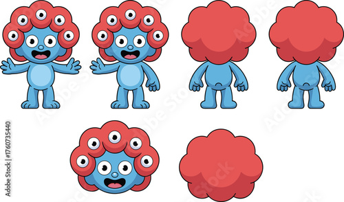 Cartoon character design sheet, blue creature with red afro, multi-eye head, front back side views, cad drawing flat vector illustration