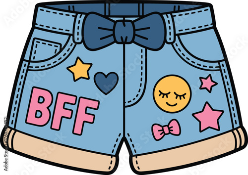 Cartoon denim shorts, youth fashion, colorful patches, BFF design, playful style, kids apparel, cad drawing, flat vector illustration, bow detail, smiley face, star icon,