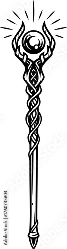 Fantasy magic staff with shining crystal ball at top. Mystic wizard or sorcerer power symbol. Vector illustration for game art, logo