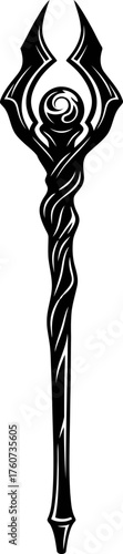 Magic staff icon with spiral rod and glowing orb top. Wizard or sorcerer fantasy game symbol. Vector illustration for design element, app