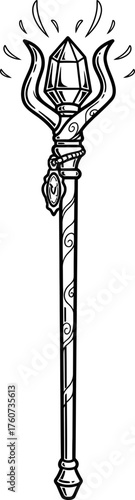 Magical sorcerer staff with glowing crystal and intricate design. Mythology and fantasy concept. Vector illustration.