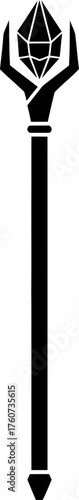 Magic staff with crystal top. Mystical wizard wand or scepter. Esoteric power and fantasy concept. Black and white vector illustration, icon isolated on white background.