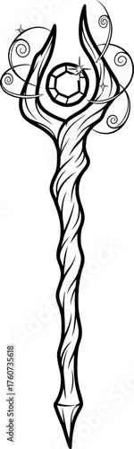 Stylized magic staff or scepter with an ornate jewel and swirling accents. Fantasy game weapon or magical object concept. Vector illustration