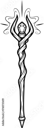 Magic staff or wizard s wood wand with glow effect sketch style icon. Fantasy game weapon symbol. Vector illustration for role play, logo, app