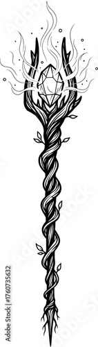Fantasy magic staff with glowing gem. Sorcerer wizard weapon. Esoteric tool. Mythical game item. Isolated vector illustration