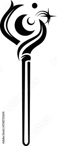Magic staff with moon, star, and tribal ornament. Wizard wand. Wicca shaman symbol. Stylized elegant fantasy icon or illustration