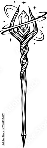 Magic wizard staff with glowing crystal and intricate swirls. Fantasy sorcery concept. Dark art style. Vector illustration for game design