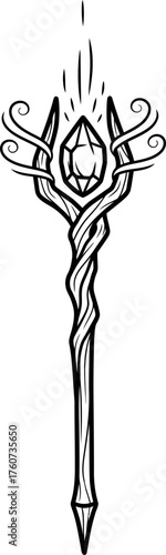 Magic staff or wizard wand with glowing gem. Fantasy power and sorcery symbol concept. Isolated vector illustration for gaming, spell book, fairy tale design