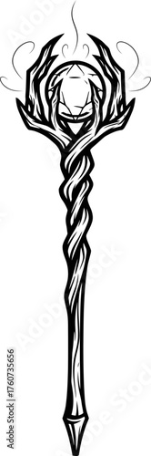 Magic wizard staff with glowing orb. Mystic wand or scepter. Fantasy game element, arcane spellcasting tool. Black and white vector illustration