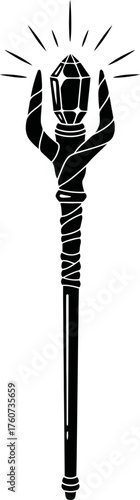 Magic wizard staff with glowing crystal icon. Fantasy adventure game design element vector illustration. Power symbol. Role-playing game. Magical weapon sign