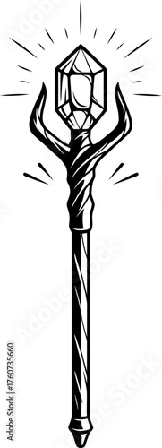 Magic staff or wizard s scepter with glowing crystal on top. Fantasy and witchcraft concept. Vector illustration simple line art style