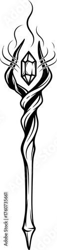 Magic staff with glowing gem and intricate details as fantasy weapon. Wizard, sorcerer, mage concept. Black and white outline vector illustration.