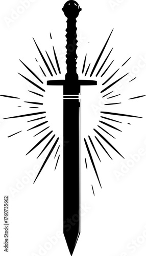 Black silhouette of a sword with radiating sun rays. Medieval sharp blade weapon symbol. Vector illustration or icon.