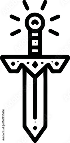 Magic sword with glowing pommel. Fantasy weapon concept. Vector icon for game, app, website, user interface, brand logo, web button, interface element, tattoo