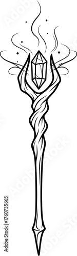 Fantasy magic staff with glowing crystal and intricate design. RPG game art. Wizard accessory. Black line vector illustration