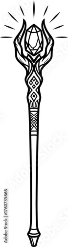Magic staff or wizard scepter with glowing gem at top. Mythical totem symbol. Outline icon vector illustration isolated on white background.