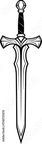 Medieval ornate sword icon, a symbol of honor, strength, and battle. Fantasy weapon or ancient design concept. Vector illustration for game, app