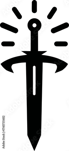 Black glowing sword icon. Weapon emblem symbol of power, war, battle, medieval or fantasy game. Vector illustration for interface, app, web