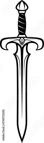 Classic medieval knight sword or blade weapon with ornate hilt and sharp point. Ancient warrior symbol concept. Vector illustration design.