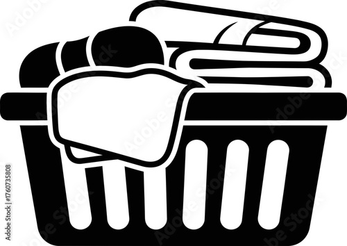 Laundry basket with clean folded towel and clothes icon. Washing and household chore concept. Vector illustration for application, print