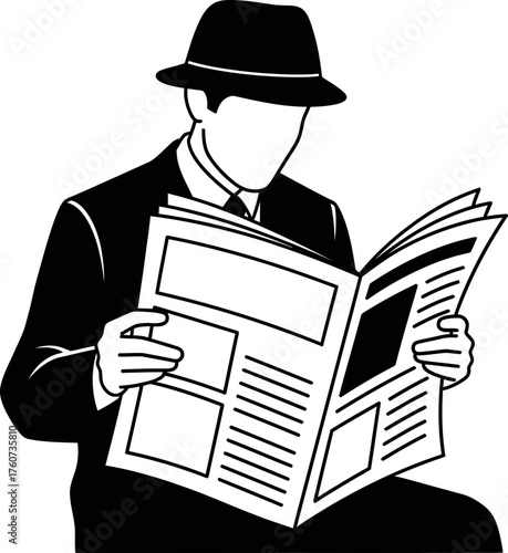 Man in a fedora hat reading a newspaper. News and information concept. Black and white outline vector illustration for article, blog, print