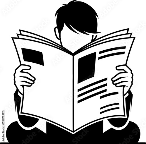 Man reading newspaper. News and information concept. Black and white vector illustration for media, current events, communication design