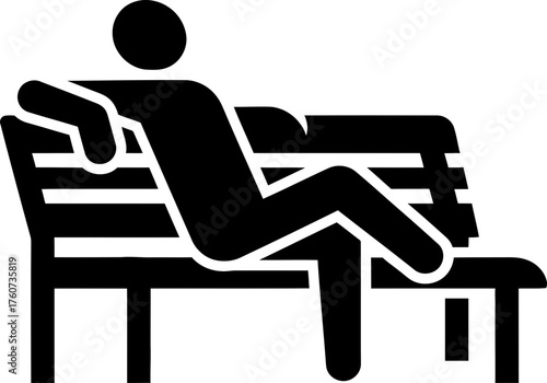Man sitting on park bench relaxing in black silhouette. Stick figure icon for leisure, public space, and rest concept. Vector symbol
