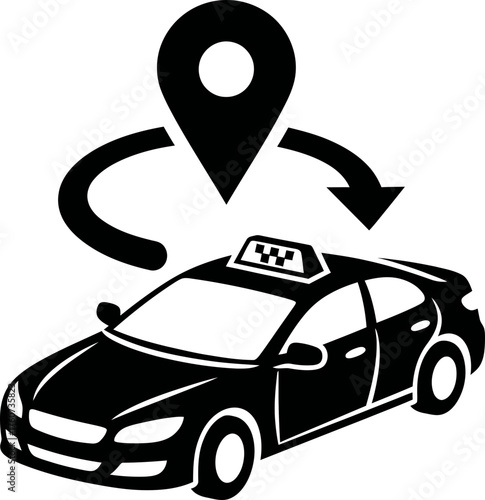 Order taxi icon. Location pin with arrow above car. Transportation, car service, navigation route concept. Black and white vector symbol