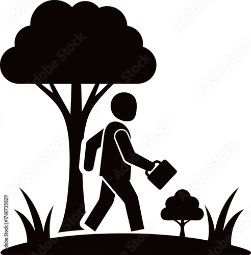 Man planting a small tree next to a large tree in grass. Nature conservation and environmental care concept. Vector icon for app, web design
