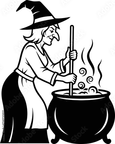Old witch woman in black hat stirring boiling potion in a cauldron. Cooking magical brew, Halloween concept. Vector illustration for greeting card