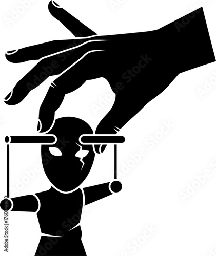Human hand manipulating a simple puppet doll with strings. Control and manipulation concept. Black color vector illustration in flat style.