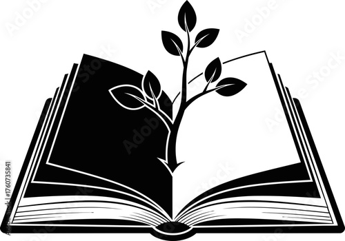Open book with a growing sprout in simple black and white style. Knowledge and education concept. Vector illustration for logo or icon