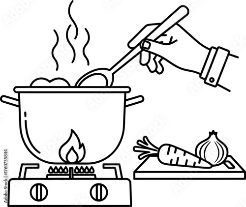Man hand stirring soup in hot pot on stove with raw vegetable. Cooking process with ingredients. Vector illustration line art style