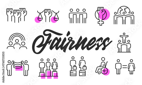 Fairness poster. Fairness poster design with Scales, Fist, Podium, Equality, Wheelchair icons. Simply poster for presentations, covers. Banner template. Vector illustration.