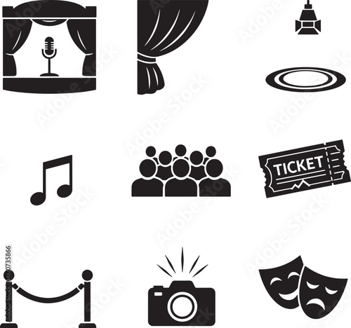 Theater and stage icons set, microphone on stage, curtain, spotlight, music note, audience, ticket, velvet rope, camera flash, comedy and tragedy masks vector.