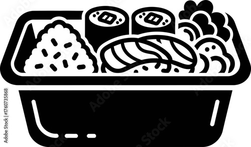 Bento box with sushi, rice, salmon, and broccoli, Japanese takeaway food container icon, flat vector illustration