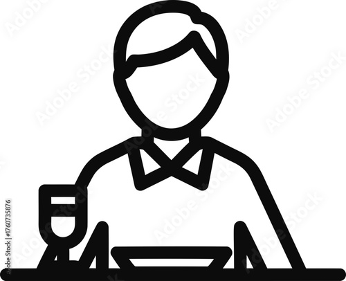 Man sitting at table with dish and drink. People dining, eating, meal concept. Minimalist line icon illustration for app, website, menu, bar, restaurant