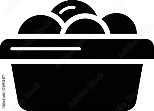 Black solid ice cream scoops in a bowl icon. Dessert food menu symbol. Vector illustration for application, website, infographic