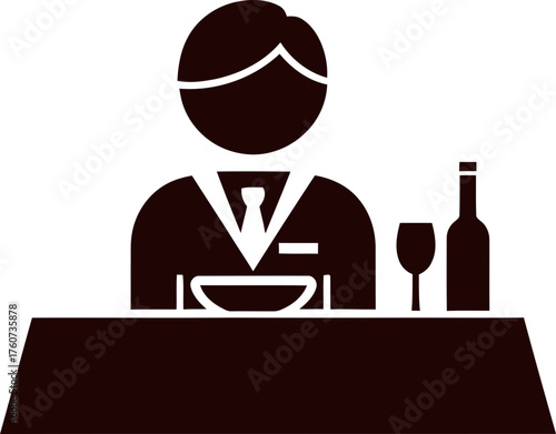 Man with suit sitting at table with dish, glass, and wine bottle. Dining or restaurant concept. Minimalist flat vector icon