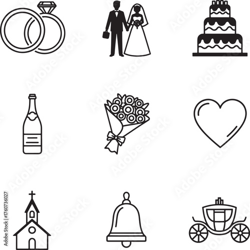 Wedding and romance icons set, rings, bride and groom, cake, champagne, bouquet, heart, church, bell, carriage vector.