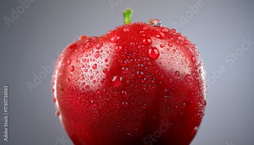 Close Up Of A Fresh Red Covered In Water Droplets On A Blurred Gray Background Emphasizing Ripeness And Juiciness With Detailed Texture And Vibrant Color