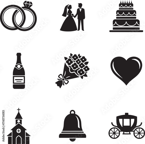 Wedding and romance icons set, rings, bride and groom, cake, champagne, bouquet, heart, church, bell, carriage vector.