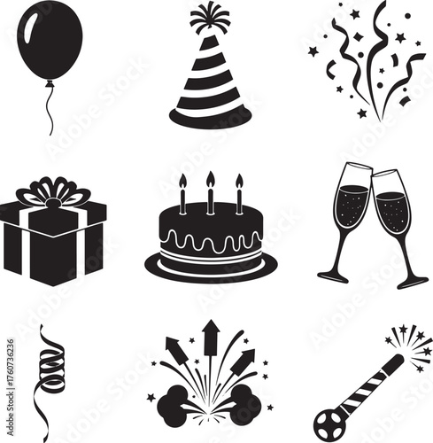 Birthday and party icons set, balloon, party hat, confetti, gift box, champagne, cake, fireworks, streamer vector.