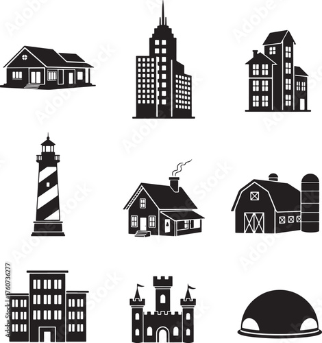 Buildings and houses icons set, home, skyscraper, apartment, lighthouse, cabin, barn, office, castle, dome vector.