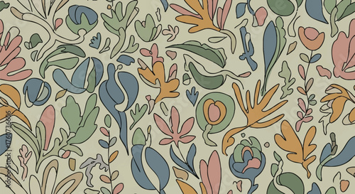 Abstract Floral Pattern in Pastel Tones with Organic Shapes and Botanical Motifs