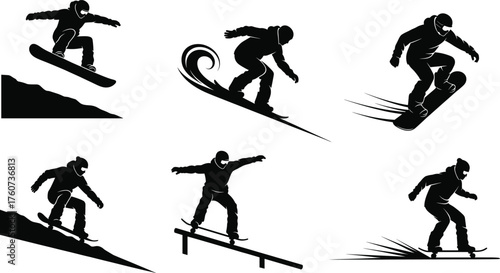 Snowboarding silhouette illustration, winter sports action, snowboard tricks design, extreme recreation concept, athlete performance, mountain slope, freestyle jump, dynamic movement, flat vector