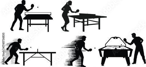 Table games action, people playing table tennis, air hockey silhouette, sports recreation concept, leisure activity design, competitive match, dynamic movement, flat vector