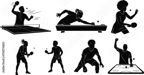 Table games illustration, people playing table tennis, air hockey competition, sports recreation concept, leisure activity design, competitive match, teamwork challenge, flat vector