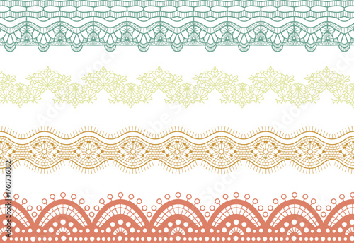 Lace border vector set, floral, geometric, scalloped, ornamental trim, textile pattern, cad drawing flat vector illustration